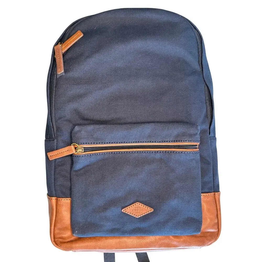 NWT Fossil Estate Navy Blue Canvas Brown Leather Classic Vintage Retro Backpack